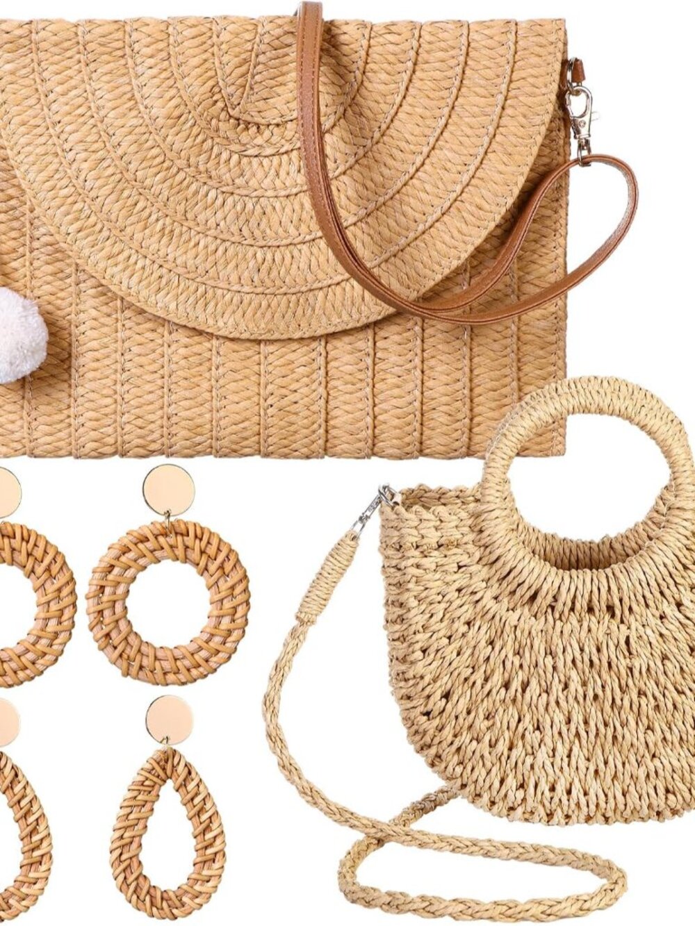 2 Pack Women Straw Crossbody Bag Straw Clutch Rattan Purse for Women with 2 Pair